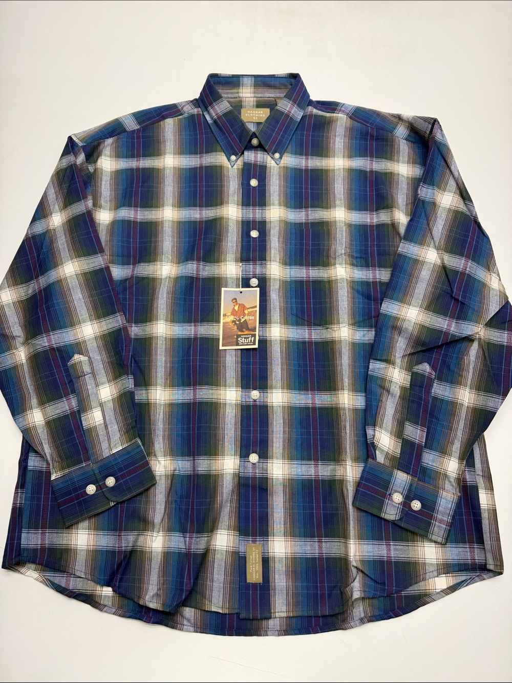 HAGGAR Men’s XL Blue Plaid Cotton Dress Shirt